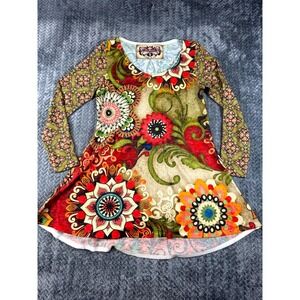 Amma Design Tunic Top Womens Small Multicolor Paisley Stretch Preppy Boho V-Neck